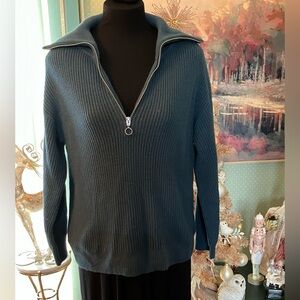 Talbots Zip Collar Long Sleeve Pullover Sweater Size Petite Large in Teal / Blue